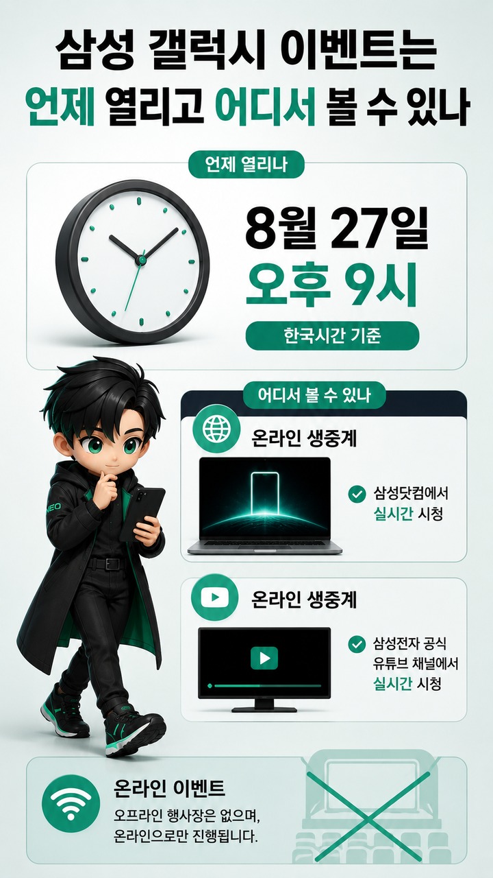 삼성 갤럭시 이벤트 8월 27일 오후 9시, 공식 초대장에 확인된 공개 범위 - 삼성 갤럭시 이벤트는 언제 열리고 어디서 볼 수 있나 핵심 내용을 정리한 정보형 이미지