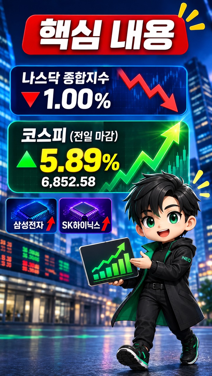 8월21일 코스피 전망, 나스닥 -1% 뒤 전날 5.89% 급등분이 핵심 - 핵심 내용 핵심 내용을 정리한 정보형 이미지