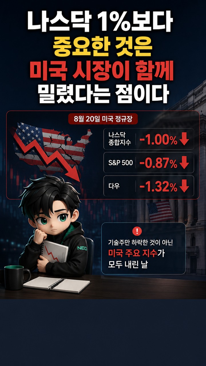 8월21일 코스피 전망, 나스닥 -1% 뒤 전날 5.89% 급등분이 핵심 - 나스닥 1%보다 중요한 것은 미국 시장이 함께 밀렸다는 점이다 핵심 내용을 정리한 정보형 이미지