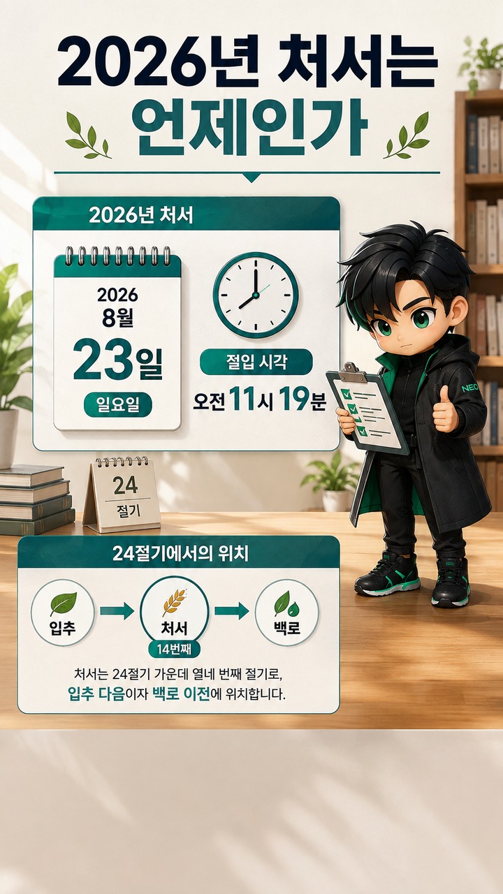 2026년 처서 8월 23일, 올해는 ‘처서매직’보다 30~34도 더위를 먼저 봐야 한다 - 2026년 처서는 언제인가 핵심 내용을 정리한 정보형 이미지