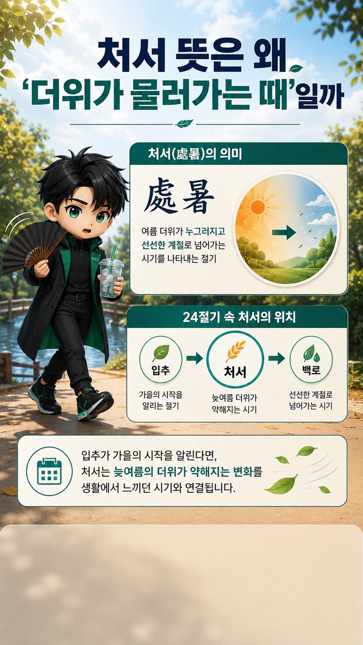 2026년 처서 8월 23일, 올해는 ‘처서매직’보다 30~34도 더위를 먼저 봐야 한다 - 처서 뜻은 왜 ‘더위가 물러가는 때’일까 핵심 내용을 정리한 정보형 이미지