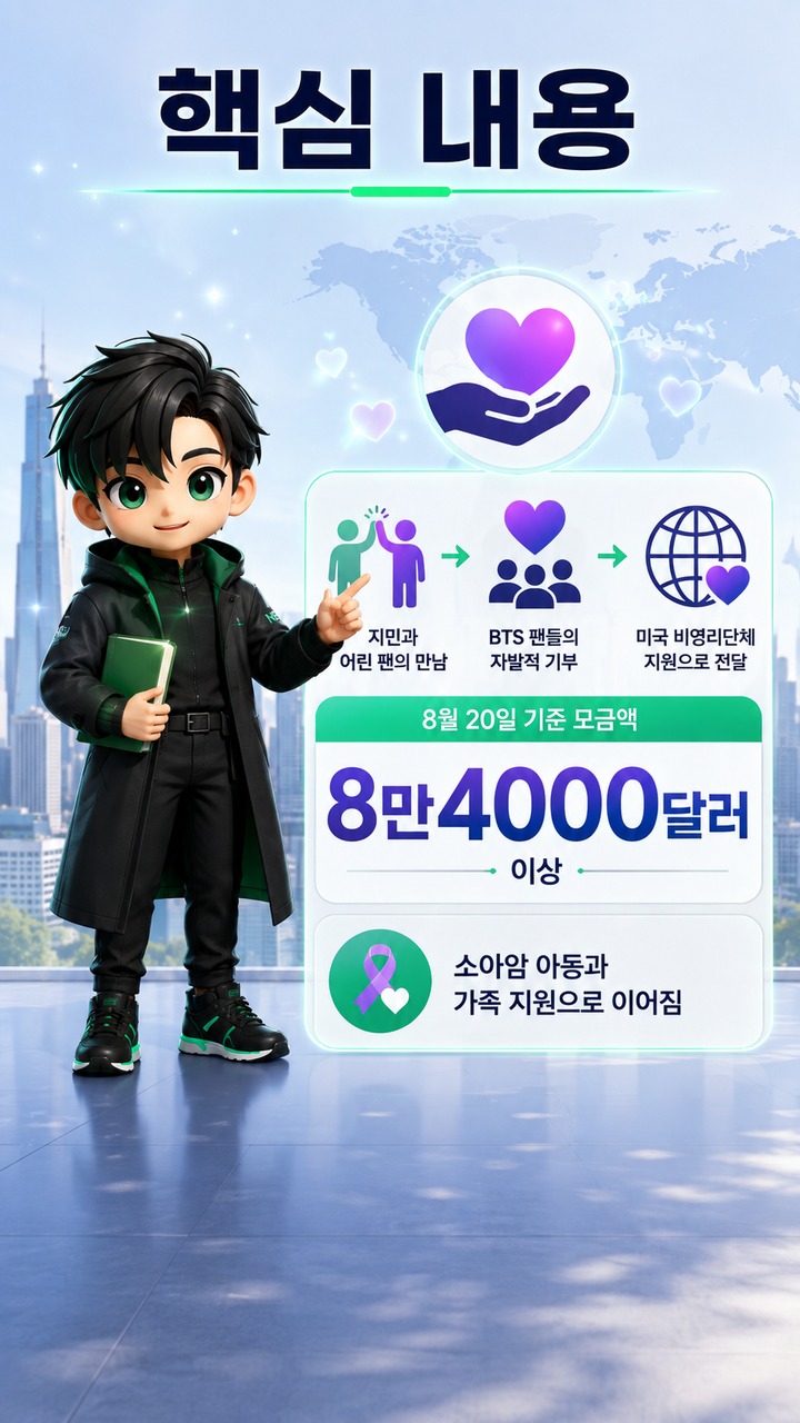 스타뉴스 BTS 지민 기부 보도, 8만4000달러까지 이어진 팬들의 움직임 - 핵심 내용 핵심 내용을 정리한 정보형 이미지