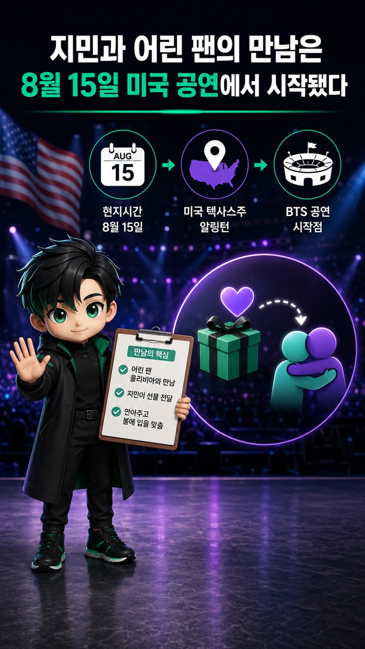 스타뉴스 BTS 지민 기부 보도, 8만4000달러까지 이어진 팬들의 움직임 - 지민과 어린 팬의 만남은 8월 15일 미국 공연에서 시작됐다 핵심 내용을 정리한 정보형 이미지