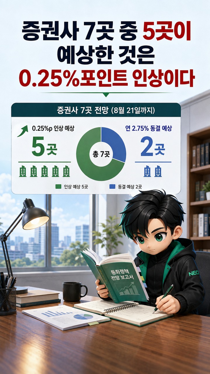 한은 8월 금리, 증권사 7곳 중 5곳이 인상 예상…2.75%에서 3.00%가 갈림길 - 증권사 7곳 중 5곳이 예상한 것은 0.25%포인트 인상이다 핵심 내용을 정리한 정보형 이미지