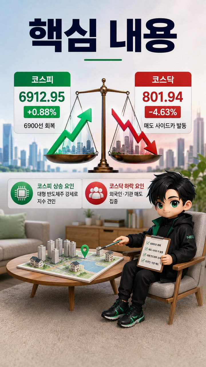 코스피 6912.95로 6900선 회복, 코스닥 4.63% 급락…같은 날 왜 이렇게 갈렸나 - 핵심 내용 핵심 내용을 정리한 정보형 이미지