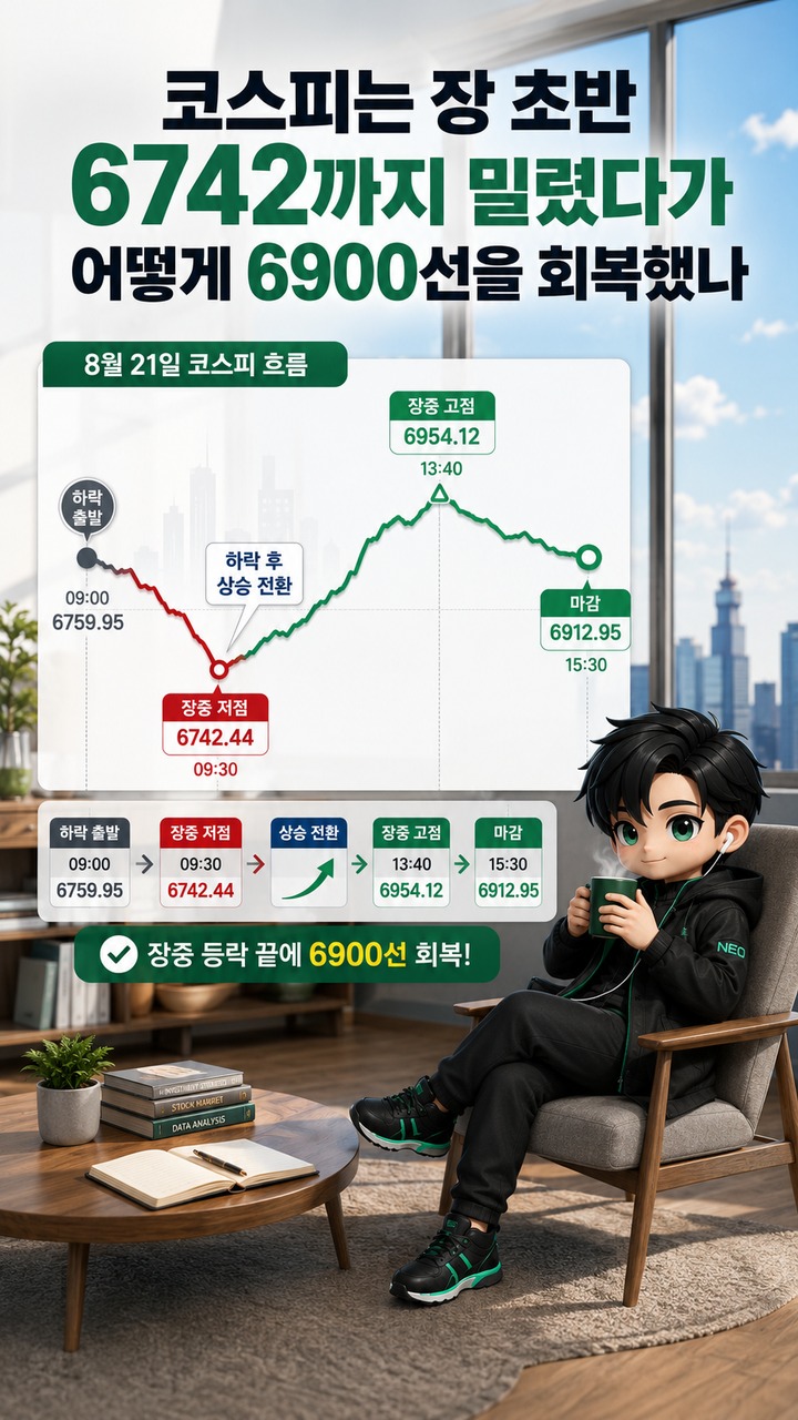 코스피 6912.95로 6900선 회복, 코스닥 4.63% 급락…같은 날 왜 이렇게 갈렸나 - 코스피는 장 초반 6742까지 밀렸다가 어떻게 6900선을 회복했나 핵심 내용을 정리한 정보형 이미지