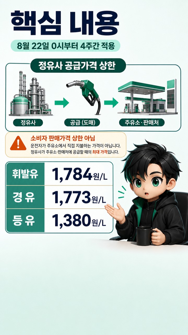 석유 최고가격 동결, 9차도 휘발유 1,784원 유지…22일부터 달라지는 기준 - 핵심 내용 핵심 내용을 정리한 정보형 이미지