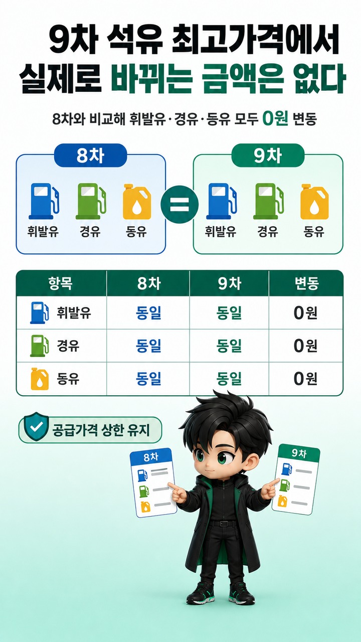 석유 최고가격 동결, 9차도 휘발유 1,784원 유지…22일부터 달라지는 기준 - 9차 석유 최고가격에서 실제로 바뀌는 금액은 없다 핵심 내용을 정리한 정보형 이미지