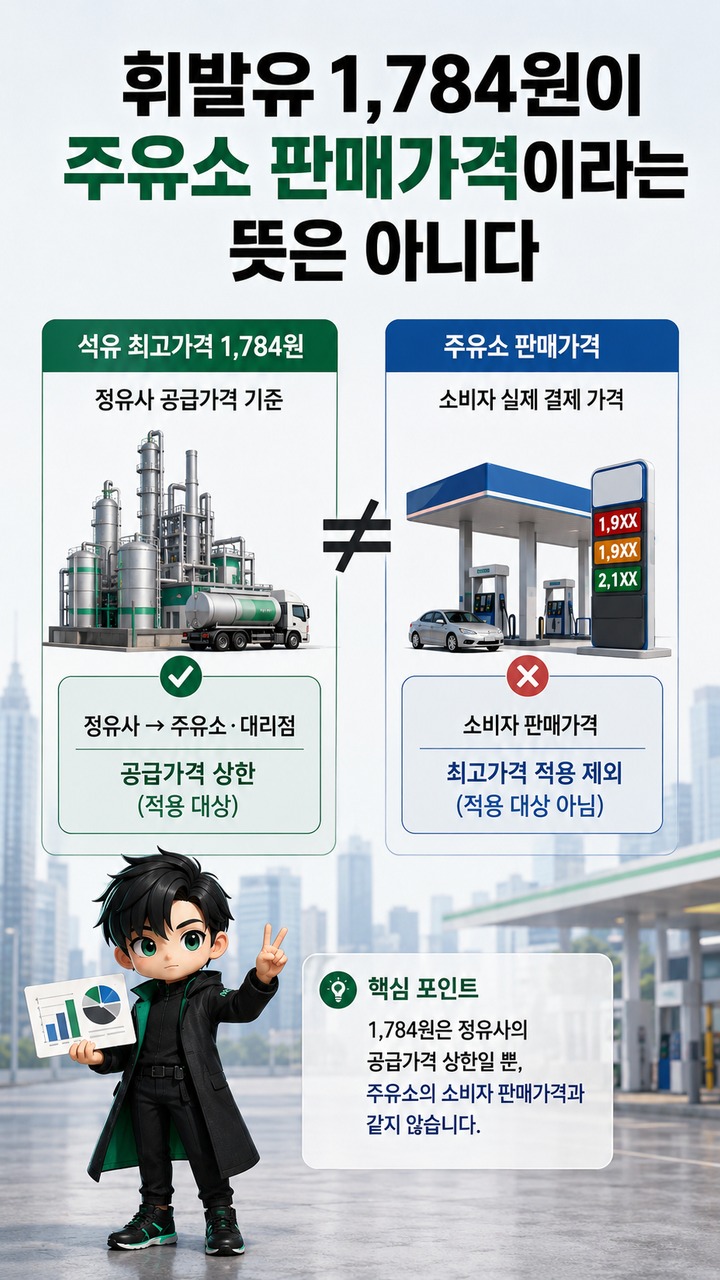 석유 최고가격 동결, 9차도 휘발유 1,784원 유지…22일부터 달라지는 기준 - 휘발유 1,784원이 주유소 판매가격이라는 뜻은 아니다 핵심 내용을 정리한 정보형 이미지