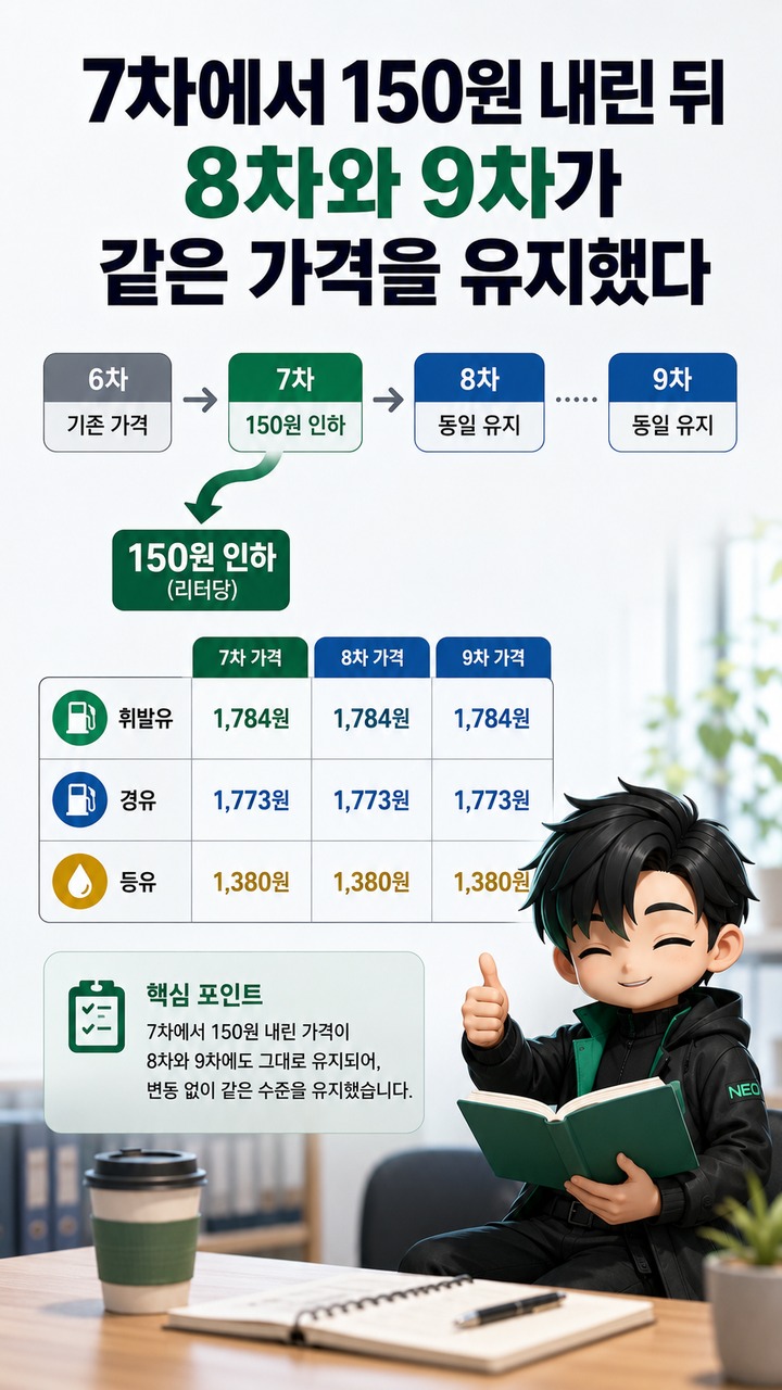 석유 최고가격 동결, 9차도 휘발유 1,784원 유지…22일부터 달라지는 기준 - 7차에서 150원 내린 뒤 8차와 9차가 같은 가격을 유지했다 핵심 내용을 정리한 정보형 이미지
