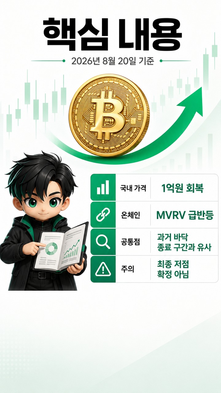 비트코인 1억원 회복 뒤 MVRV 급반등, 과거 바닥과 같은 점·다른 점 - 핵심 내용 핵심 내용을 정리한 정보형 이미지