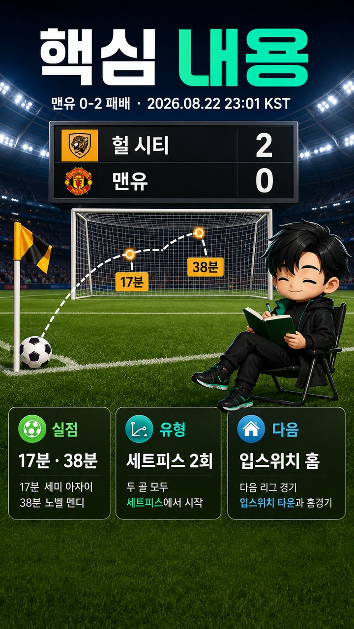 맨유 경기 0-2 패배, 헐 시티전 두 실점과 다음 입스위치전 한국시간 - 핵심 내용 핵심 내용을 정리한 정보형 이미지