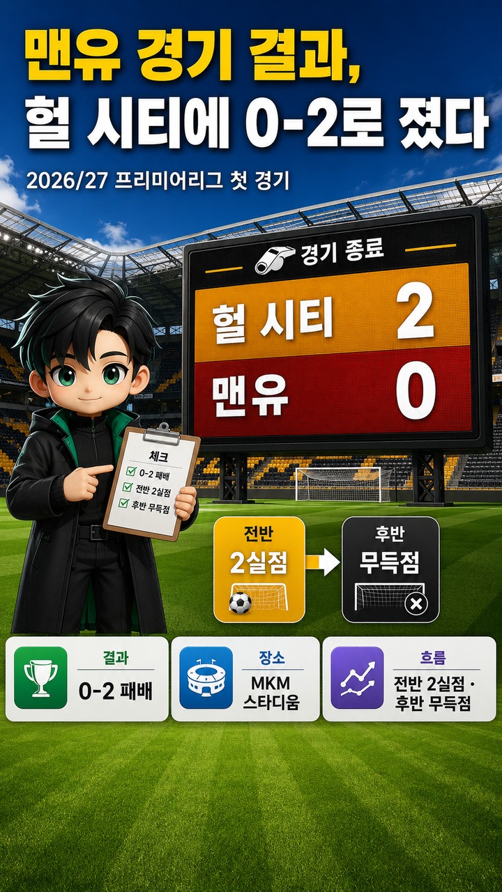 맨유 경기 0-2 패배, 헐 시티전 두 실점과 다음 입스위치전 한국시간 - 맨유 경기 결과, 헐 시티에 0 2로 졌다 핵심 내용을 정리한 정보형 이미지