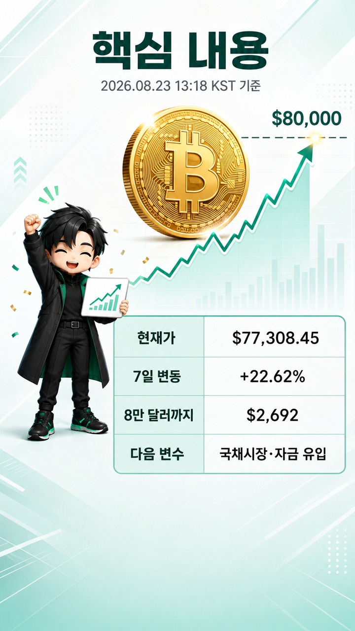 비트코인 8만 달러 문턱, 7일 22% 급등 뒤 남은 간격과 다음 변수 - 핵심 내용 핵심 내용을 정리한 정보형 이미지
