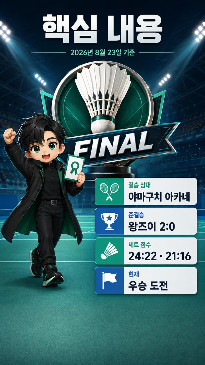 안세영 결승, 세계선수권 우승 도전 앞두고 확인할 경기 상대와 현재 상황 - 핵심 내용 핵심 내용을 정리한 정보형 이미지