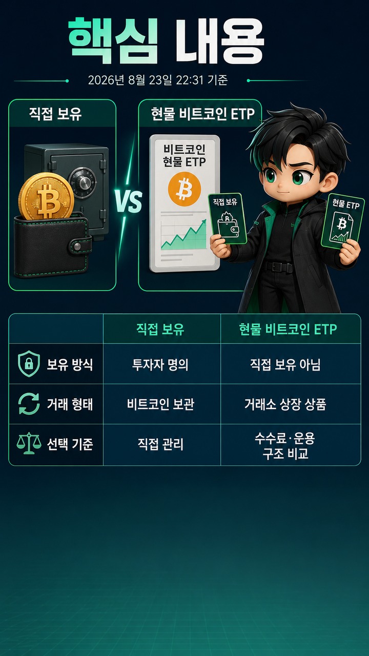 비트코인 ETF, 현물 ETP를 사면 비트코인을 갖는 걸까…2026년 구조와 수수료 차이 - 핵심 내용 핵심 내용을 정리한 정보형 이미지