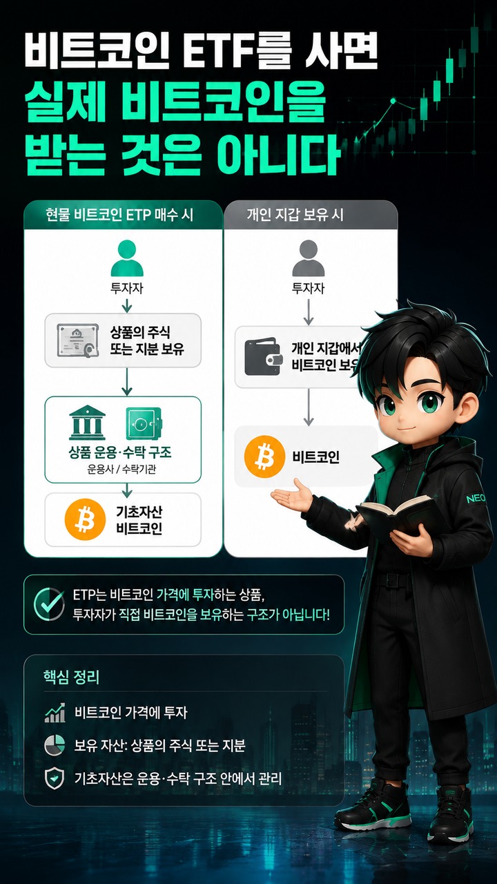 비트코인 ETF, 현물 ETP를 사면 비트코인을 갖는 걸까…2026년 구조와 수수료 차이 - 비트코인 ETF를 사면 실제 비트코인을 받는 것은 아니다 핵심 내용을 정리한 정보형 이미지