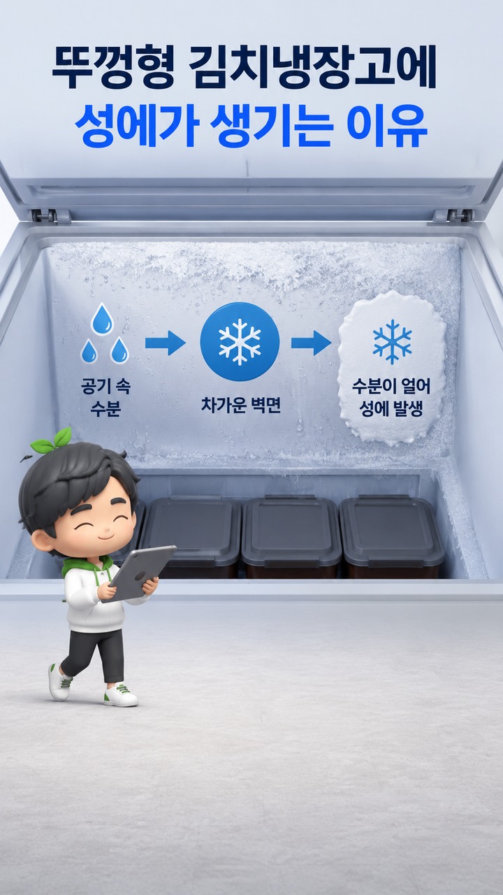 뚜껑형 김치냉장고 성에제거방법, 전원 끄고 자연 해동하는 순서와 재발 점검 - 뚜껑형 김치냉장고에 성에가 생기는 이유 핵심 내용을 정리한 정보형 이미지