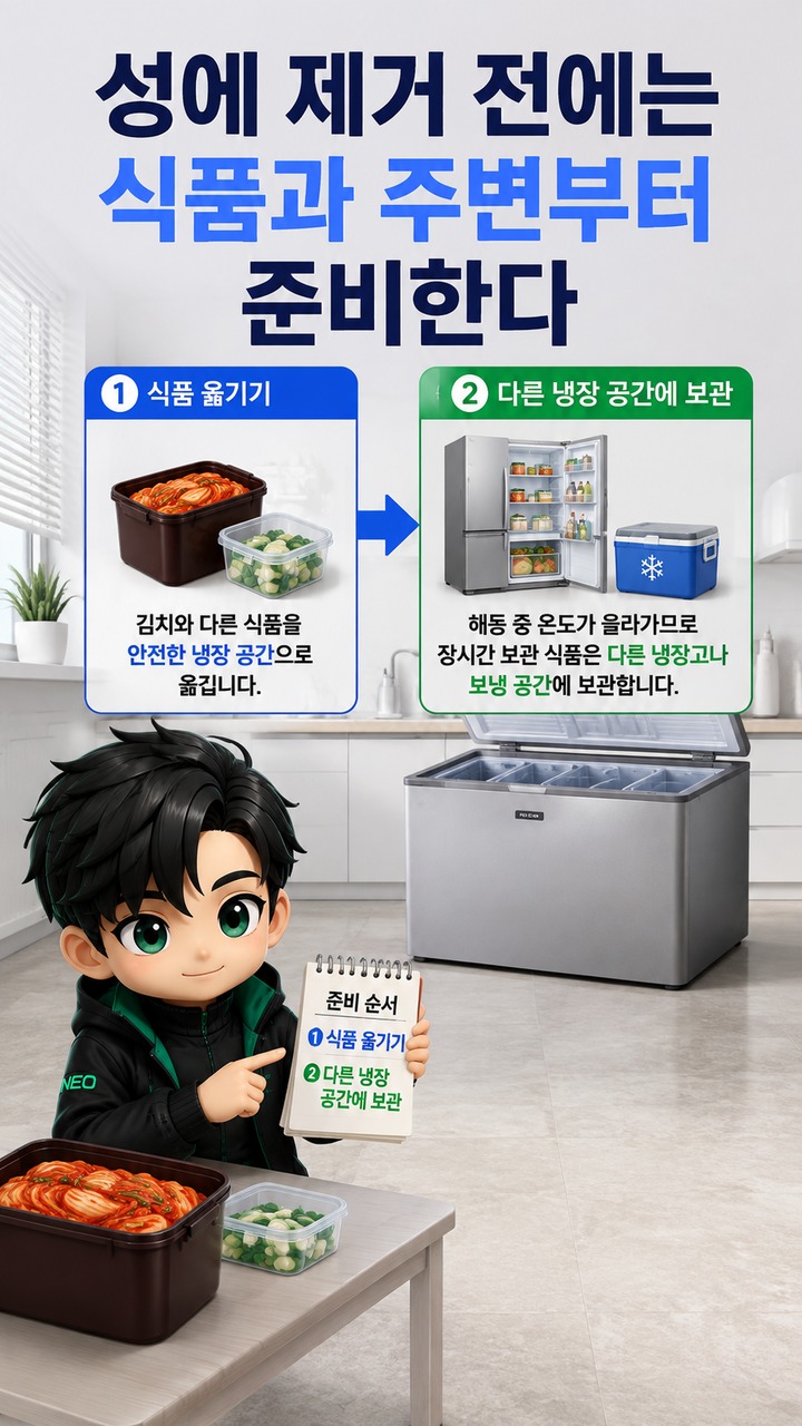 뚜껑형 김치냉장고 성에제거방법, 전원 끄고 자연 해동하는 순서와 재발 점검 - 성에 제거 전에는 식품과 주변부터 준비한다 핵심 내용을 정리한 정보형 이미지