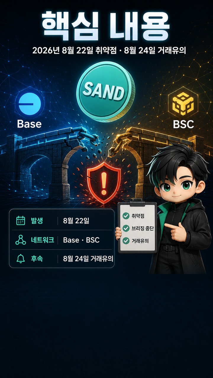 샌드박스코인 해킹 이슈, Base·BSC 무담보 SAND 발행 뒤 거래유의종목 지정 - 핵심 내용 핵심 내용을 정리한 정보형 이미지