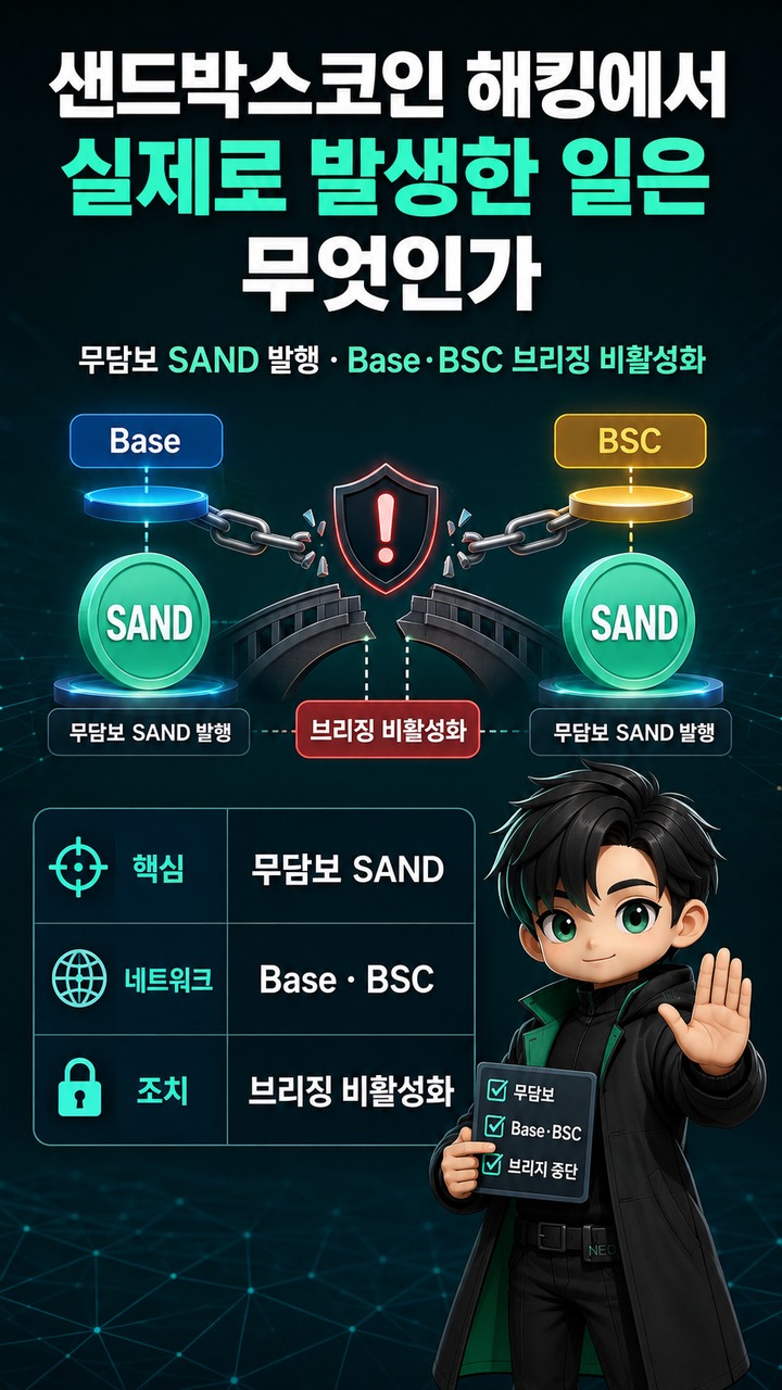 샌드박스코인 해킹 이슈, Base·BSC 무담보 SAND 발행 뒤 거래유의종목 지정 - 샌드박스코인 해킹에서 실제로 발생한 일은 무엇인가 핵심 내용을 정리한 정보형 이미지