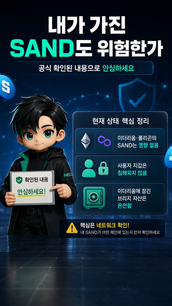 샌드박스코인 해킹 이슈, Base·BSC 무담보 SAND 발행 뒤 거래유의종목 지정 - 내가 가진 SAND도 위험한가 핵심 내용을 정리한 정보형 이미지