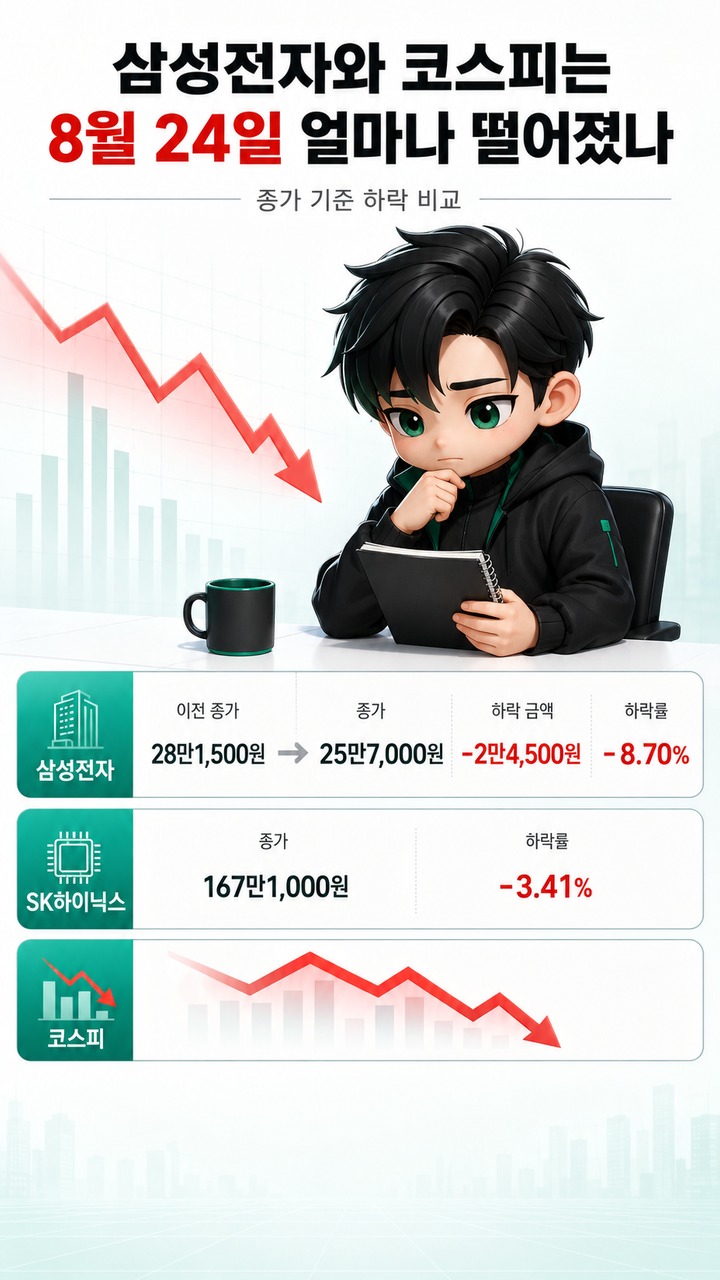 삼성전자 8.70% 급락, 코스피 6700선 아래…외국인 3.68조 매도와 다음 일정 - 삼성전자와 코스피는 8월 24일 얼마나 떨어졌나 핵심 내용을 정리한 정보형 이미지