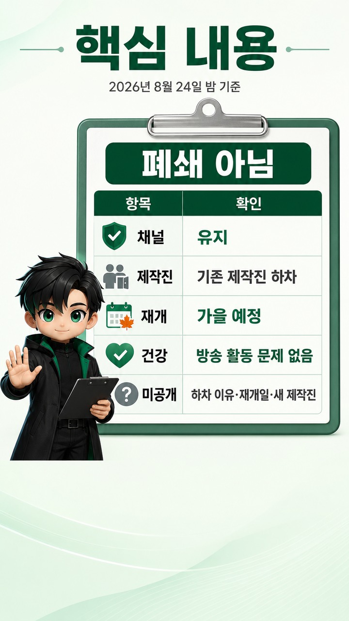 전원주 유튜브 제작진 하차 뒤 확인된 상황, 채널 유지·가을 재개 예정 - 핵심 내용 핵심 내용을 정리한 정보형 이미지
