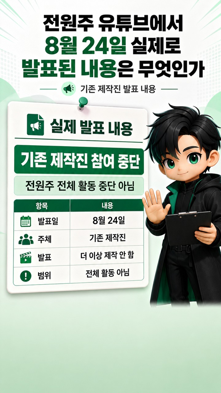 전원주 유튜브 제작진 하차 뒤 확인된 상황, 채널 유지·가을 재개 예정 - 전원주 유튜브에서 8월 24일 실제로 발표된 내용은 무엇인가 핵심 내용을 정리한 정보형 이미지