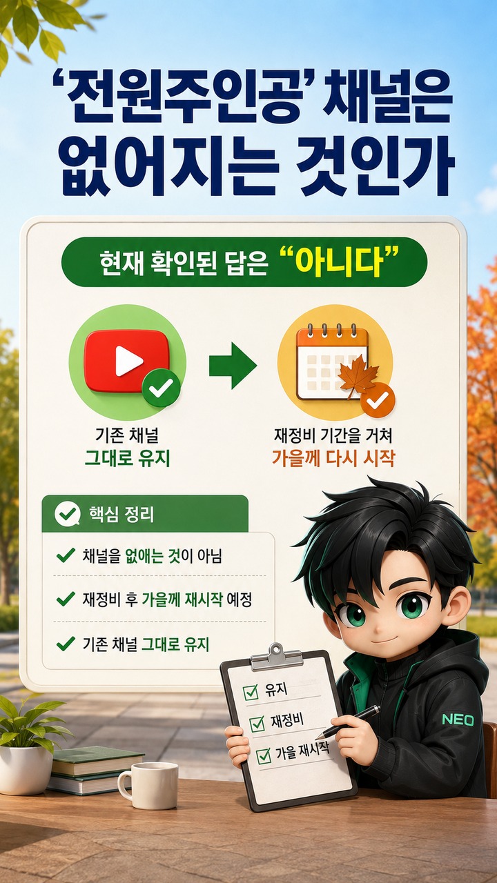 전원주 유튜브 제작진 하차 뒤 확인된 상황, 채널 유지·가을 재개 예정 - ‘전원주인공’ 채널은 없어지는 것인가 핵심 내용을 정리한 정보형 이미지