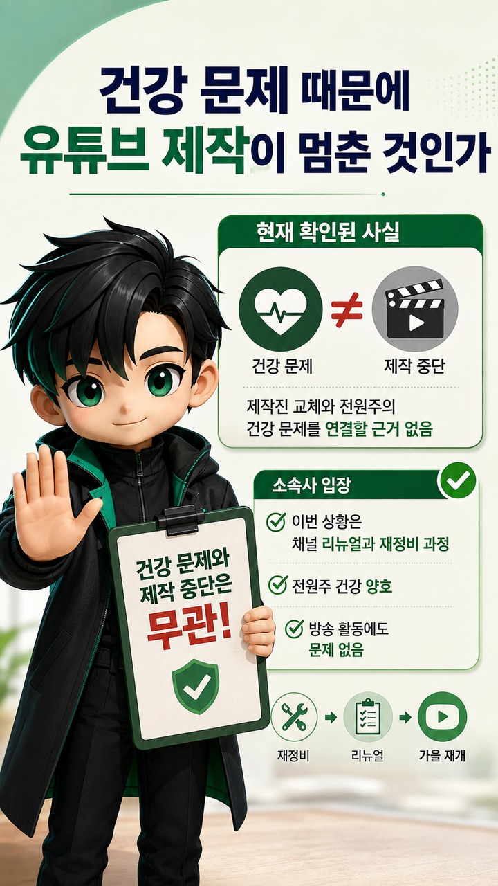 전원주 유튜브 제작진 하차 뒤 확인된 상황, 채널 유지·가을 재개 예정 - 건강 문제 때문에 유튜브 제작이 멈춘 것인가 핵심 내용을 정리한 정보형 이미지