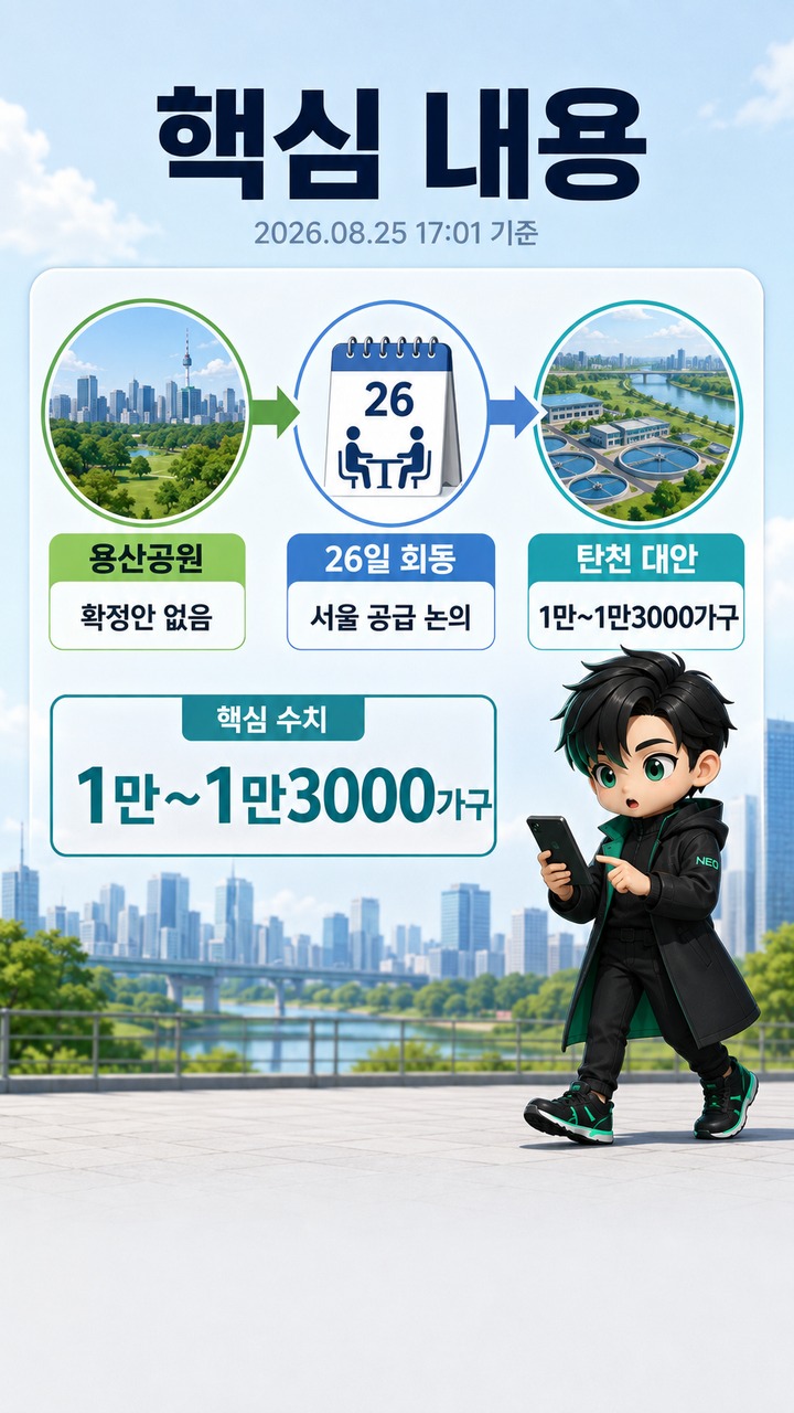 용산공원 주택공급, 아직 확정안 없다…26일 회동 앞두고 탄천 1만~1만3000가구 제안 - 핵심 내용 핵심 내용을 정리한 정보형 이미지
