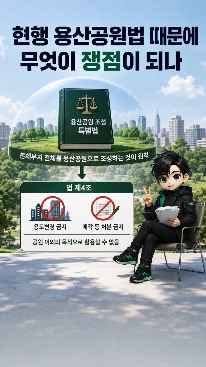 용산공원 주택공급, 아직 확정안 없다…26일 회동 앞두고 탄천 1만~1만3000가구 제안 - 현행 용산공원법 때문에 무엇이 쟁점이 되나 핵심 내용을 정리한 정보형 이미지