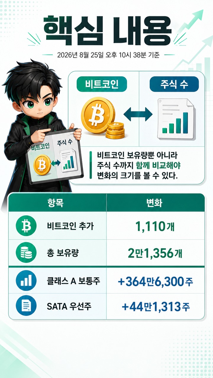 스트라이브 비트코인 1,110개 매수, 21,356개 보유 뒤 완전희석 기준 주당 BTC는 1.34% 늘었다 - 핵심 내용 핵심 내용을 정리한 정보형 이미지