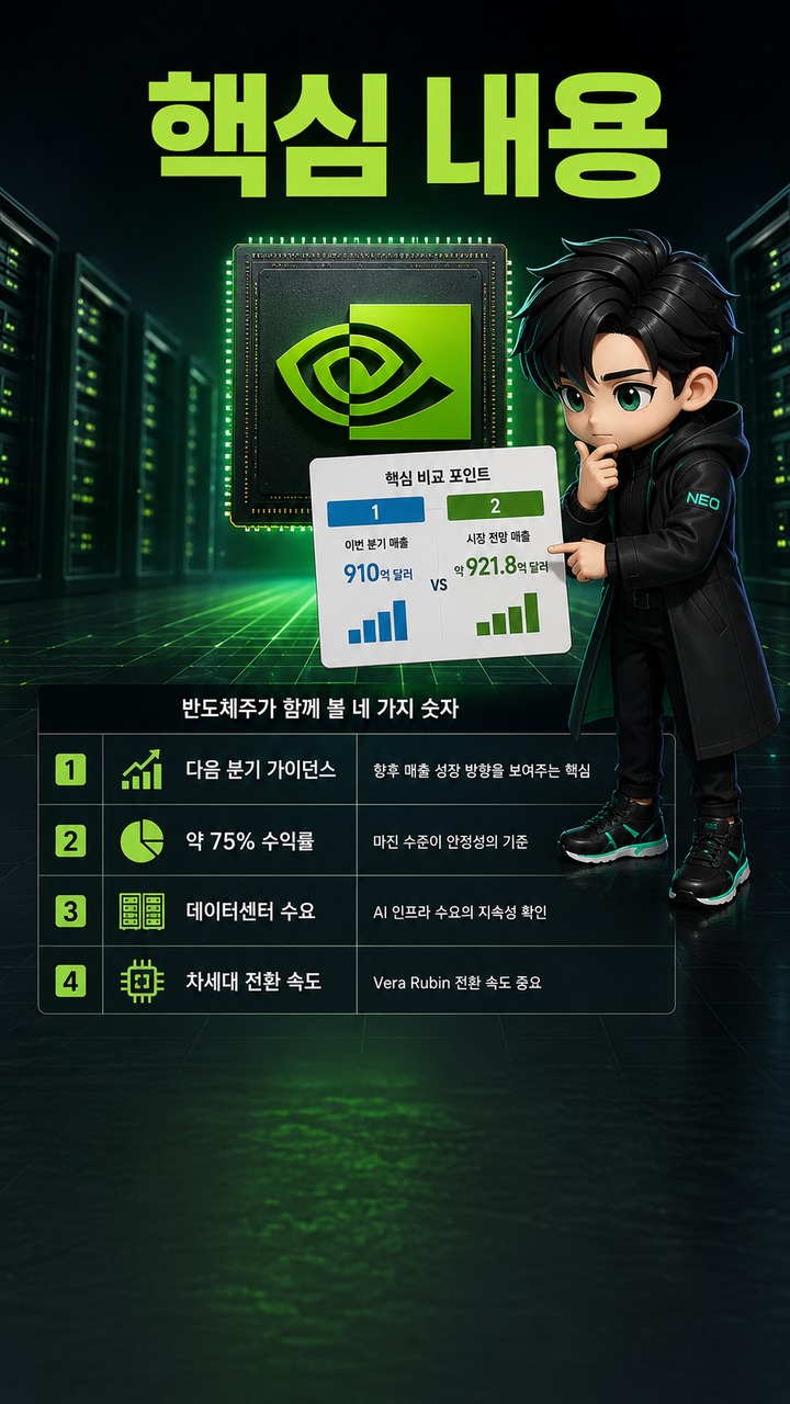엔비디아 2분기 실적 27일 새벽 공개, 반도체주가 볼 네 가지 숫자 - 핵심 내용 핵심 내용을 정리한 정보형 이미지