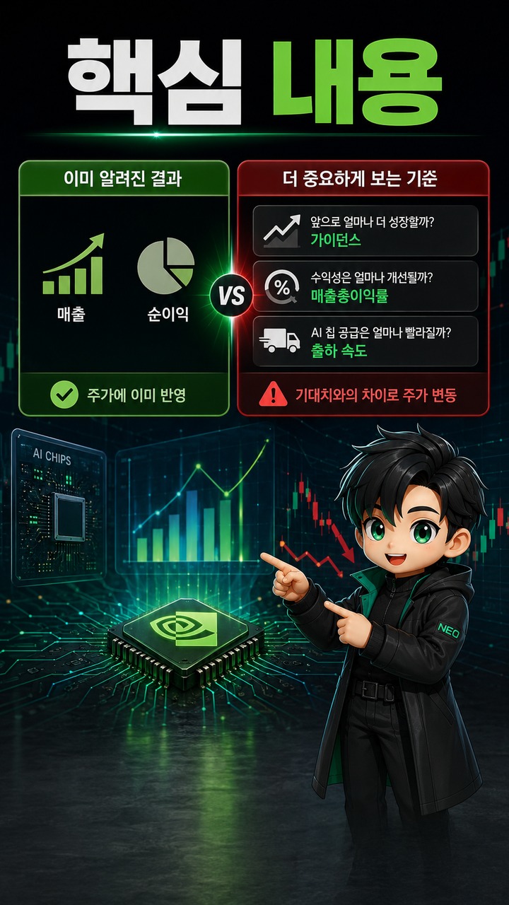 엔비디아 실적 잘 나와도 주가 떨어지는 이유, 어닝 서프라이즈보다 중요한 기준 - 핵심 내용 핵심 내용을 정리한 정보형 이미지