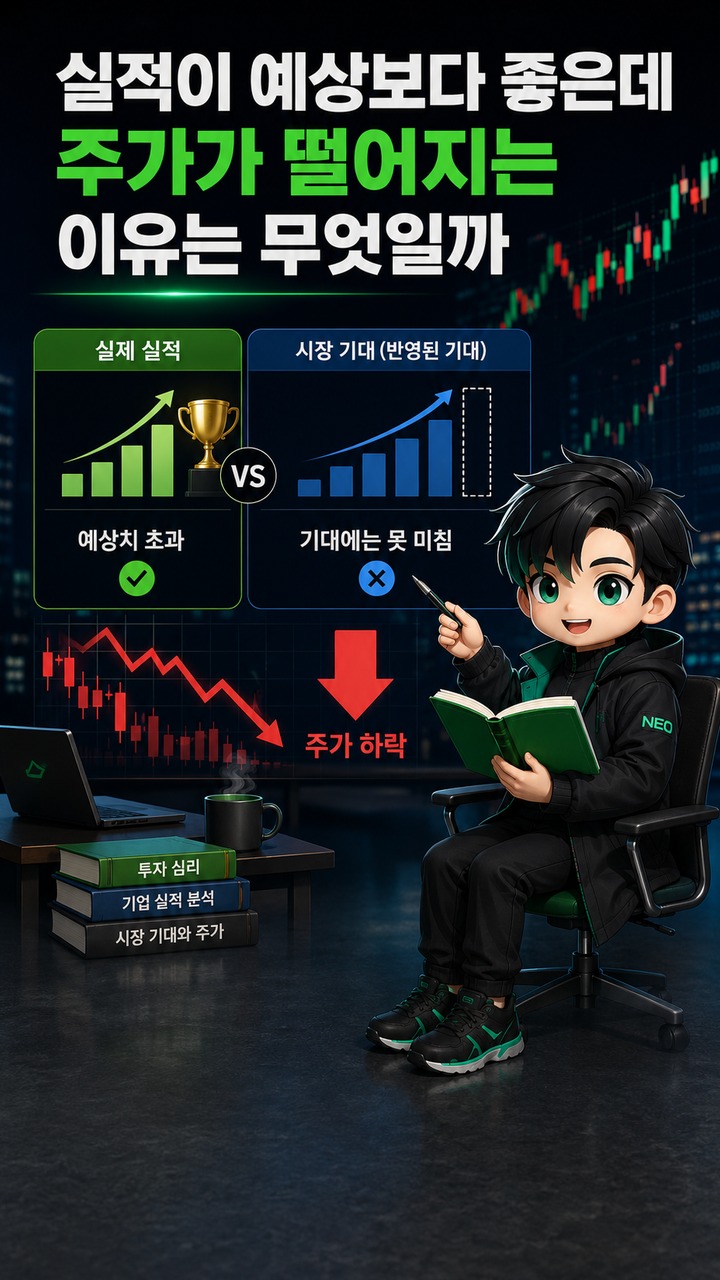 엔비디아 실적 잘 나와도 주가 떨어지는 이유, 어닝 서프라이즈보다 중요한 기준 - 실적이 예상보다 좋은데 주가가 떨어지는 이유는 무엇일까 핵심 내용을 정리한 정보형 이미지