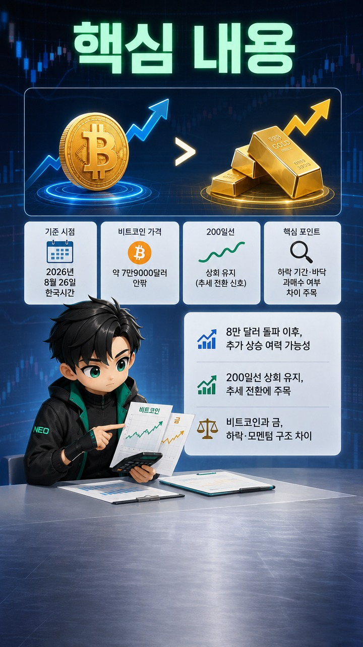 비트코인 8만달러 돌파 뒤 ‘금보다 여력 크다’는 분석, 근거는 200일선과 모멘텀 - 핵심 내용 핵심 내용을 정리한 정보형 이미지