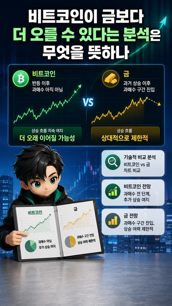 비트코인 8만달러 돌파 뒤 ‘금보다 여력 크다’는 분석, 근거는 200일선과 모멘텀 - 비트코인이 금보다 더 오를 수 있다는 분석은 무엇을 뜻하나 핵심 내용을 정리한 정보형 이미지