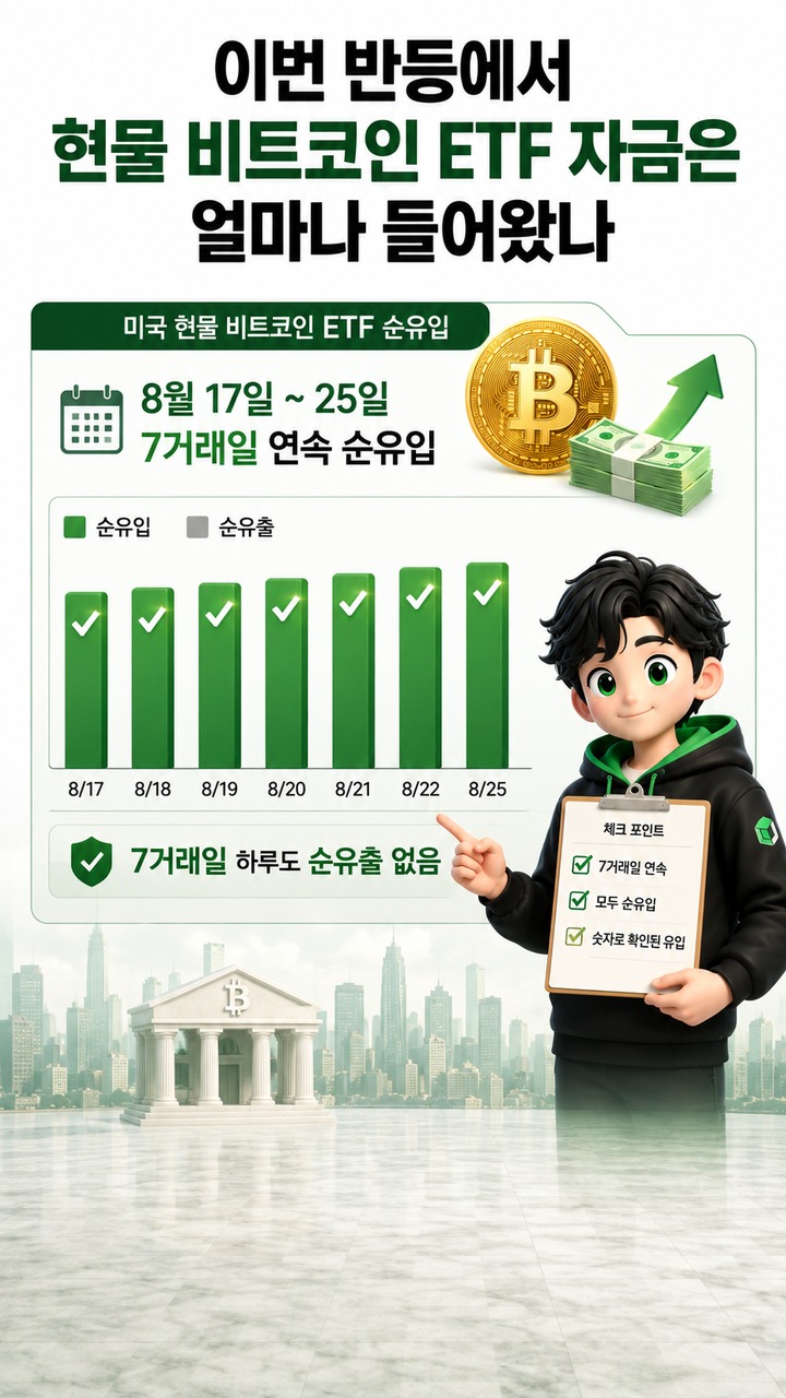 비트코인 8만달러 돌파 뒤, 이번 반등을 받친 돈은 어디서 왔나 - 이번 반등에서 현물 비트코인 ETF 자금은 얼마나 들어왔나 핵심 내용을 정리한 정보형 이미지