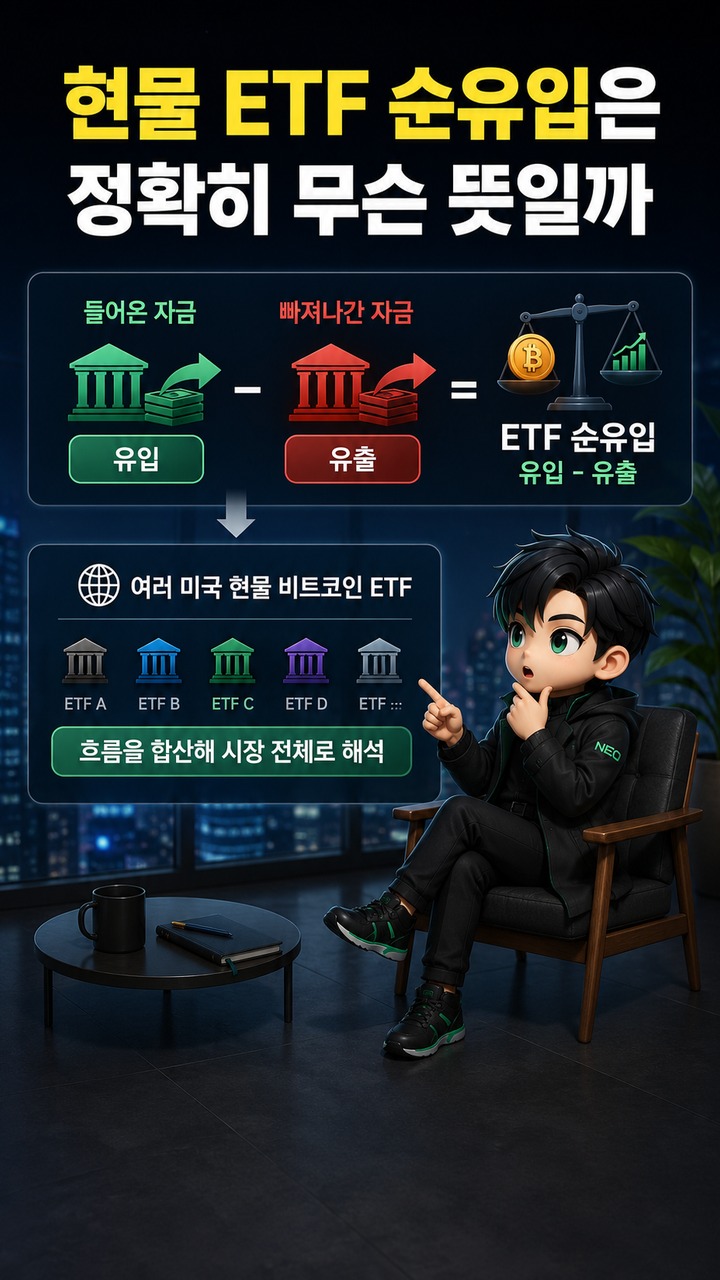 비트코인 현물 ETF 순유입인데 가격이 떨어지는 이유, 자금 유입 해석법 - 현물 ETF 순유입은 정확히 무슨 뜻일까 핵심 내용을 정리한 정보형 이미지