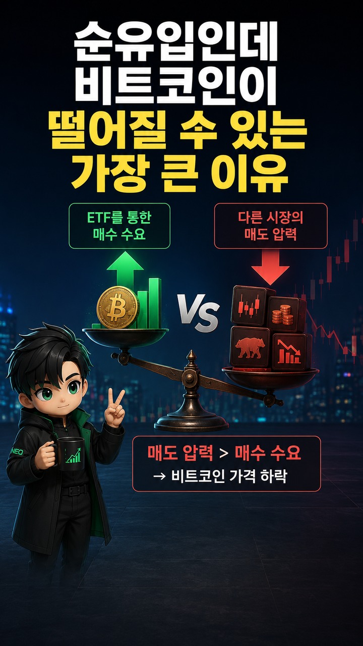비트코인 현물 ETF 순유입인데 가격이 떨어지는 이유, 자금 유입 해석법 - 순유입인데 비트코인이 떨어질 수 있는 가장 큰 이유 핵심 내용을 정리한 정보형 이미지