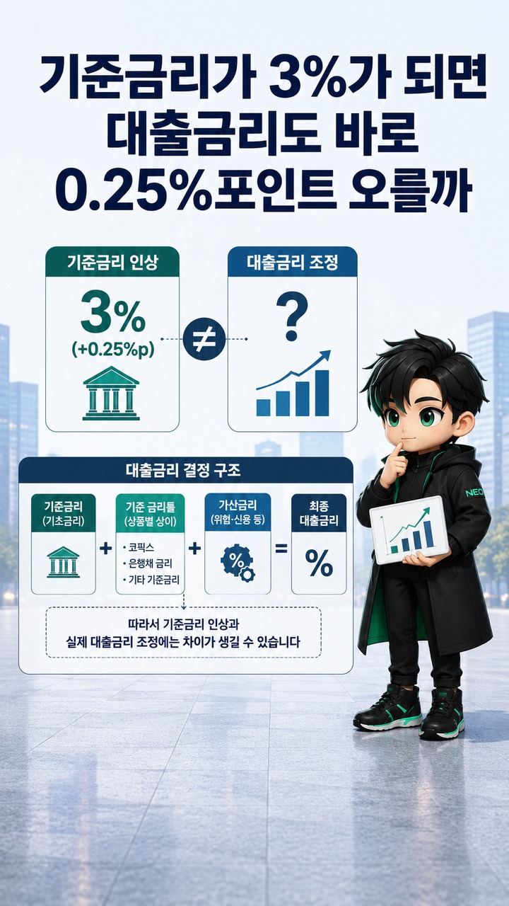 금리인상 3%로 올라선 한국 기준금리, 대출·예금에서 먼저 달라질 부분 - 기준금리가 3%가 되면 대출금리도 바로 0.25%포인트 오를까 핵심 내용을 정리한 정보형 이미지