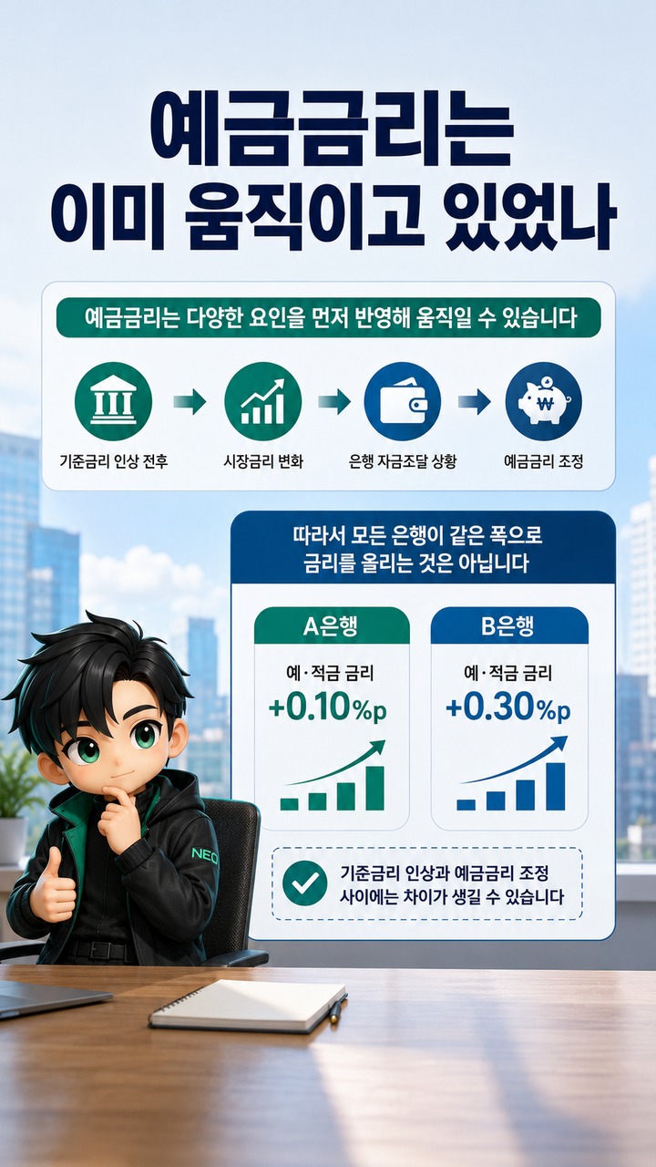 금리인상 3%로 올라선 한국 기준금리, 대출·예금에서 먼저 달라질 부분 - 예금금리는 이미 움직이고 있었나 핵심 내용을 정리한 정보형 이미지