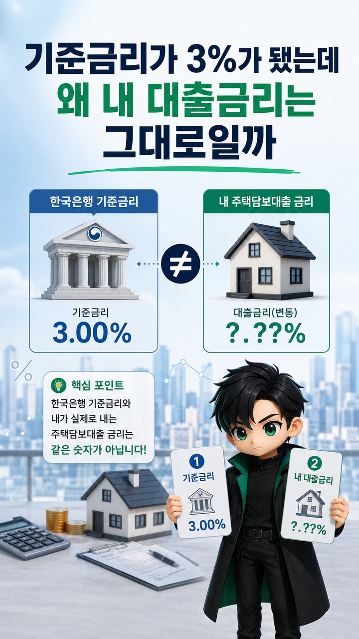 기준금리 3% 인상, 내 변동금리 주담대 이자는 언제 오를까 - 기준금리가 3%가 됐는데 왜 내 대출금리는 그대로일까 핵심 내용을 정리한 정보형 이미지