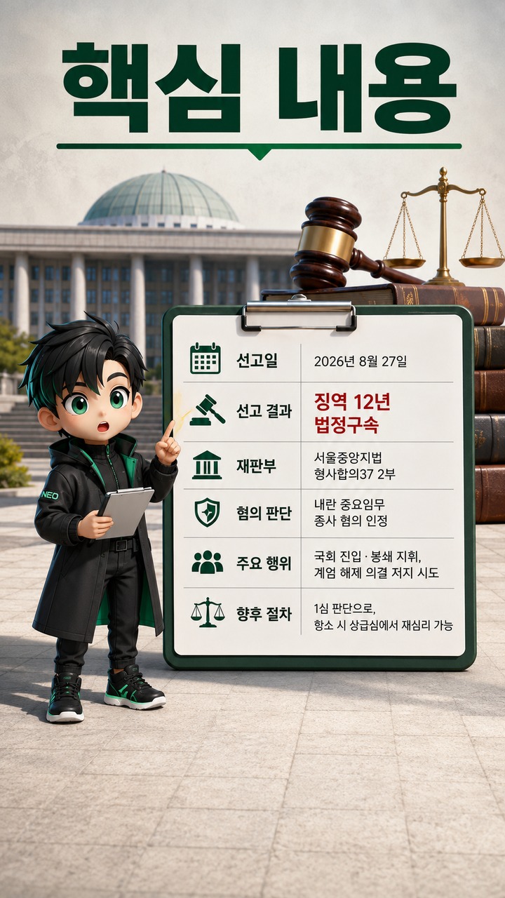 김현태 전 707단장 1심 징역 12년, 국회 진입·봉쇄 판단은 어떻게 나왔나 - 핵심 내용 핵심 내용을 정리한 정보형 이미지