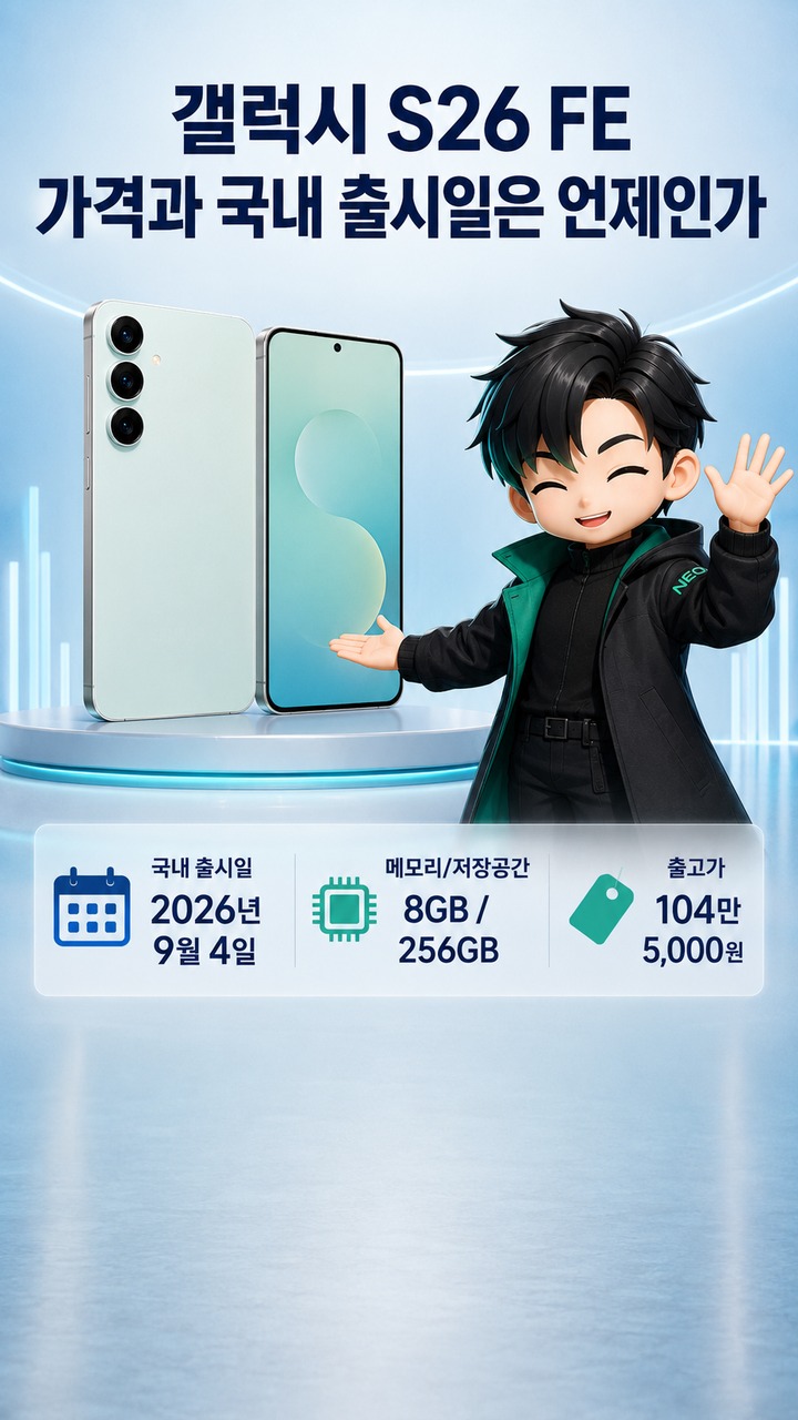 갤럭시 S26 FE 104만5000원 공개, S25 FE보다 9만9000원 오른 새 모델의 변화 - 갤럭시 S26 FE 가격과 국내 출시일은 언제인가 핵심 내용을 정리한 정보형 이미지