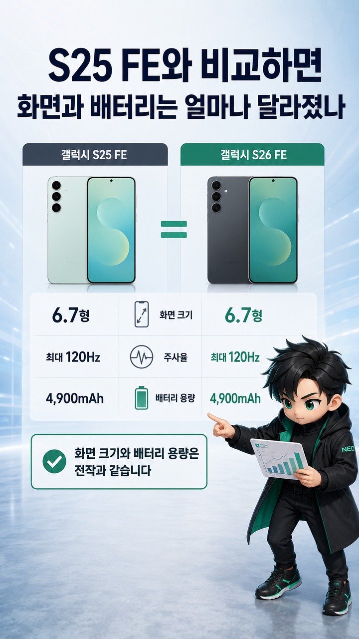 갤럭시 S26 FE 104만5000원 공개, S25 FE보다 9만9000원 오른 새 모델의 변화 - S25 FE와 비교하면 화면과 배터리는 얼마나 달라졌나 핵심 내용을 정리한 정보형 이미지
