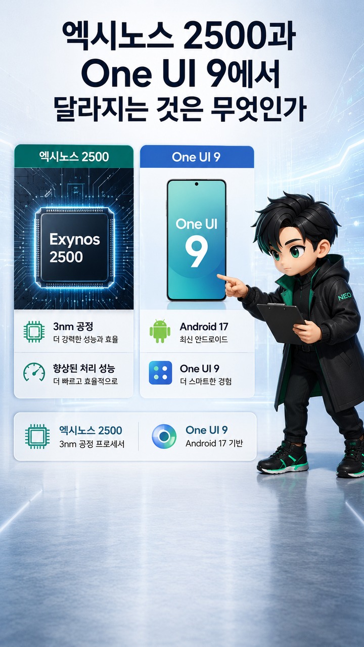 갤럭시 S26 FE 104만5000원 공개, S25 FE보다 9만9000원 오른 새 모델의 변화 - 엑시노스 2500과 One UI 9에서 달라지는 것은 무엇인가 핵심 내용을 정리한 정보형 이미지