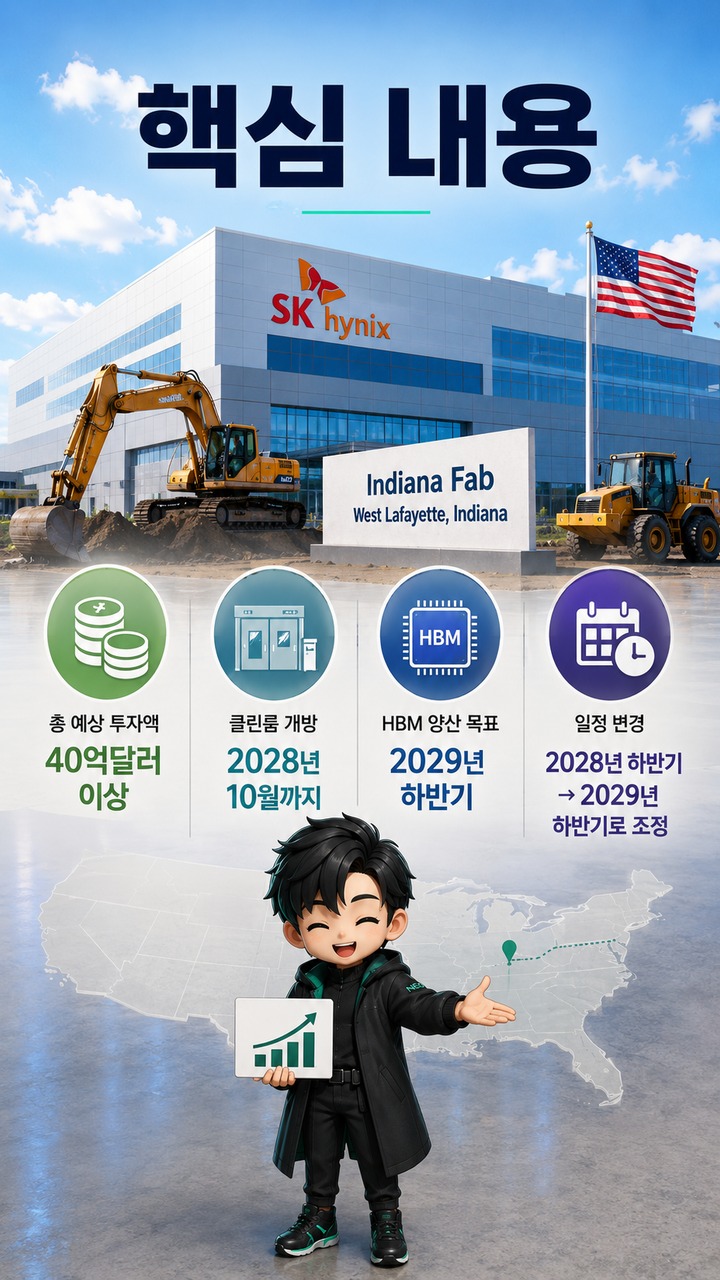 SK하이닉스 인디애나팹 착공, 4조원대 투자와 2029년 HBM 양산 일정이 달라진 점 - 핵심 내용 핵심 내용을 정리한 정보형 이미지